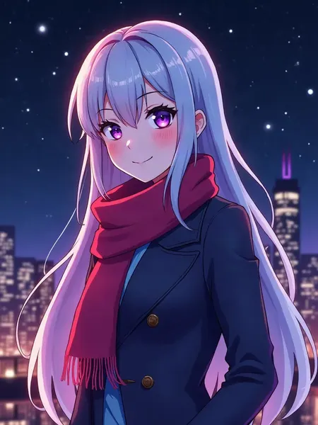 Character.AI: immagine illustrativa generata con IA, personaggio femminile in stile anime con lunghi capelli argentati e occhi viola, in un lungo cappotto, davanti a una città stellata
