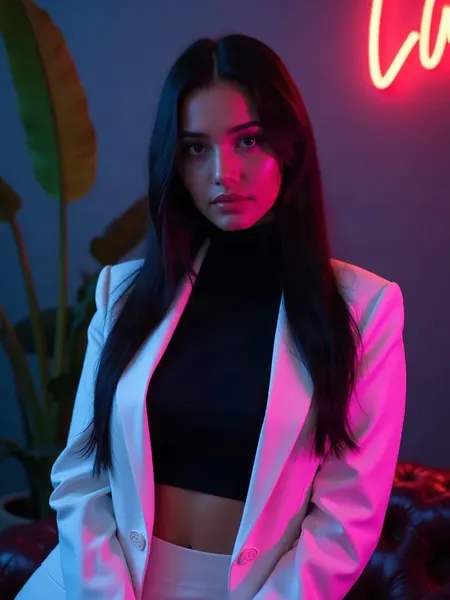 DreamGF: immagine illustrativa generata con IA, donna con lunghi capelli neri e blazer bianco, in un loft minimalista con piante