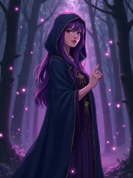 FantasyGF: immagine illustrativa generata con IA, maga in stile anime con lunghi capelli viola e abito scuro con cappuccio, in una foresta con sfere luminose