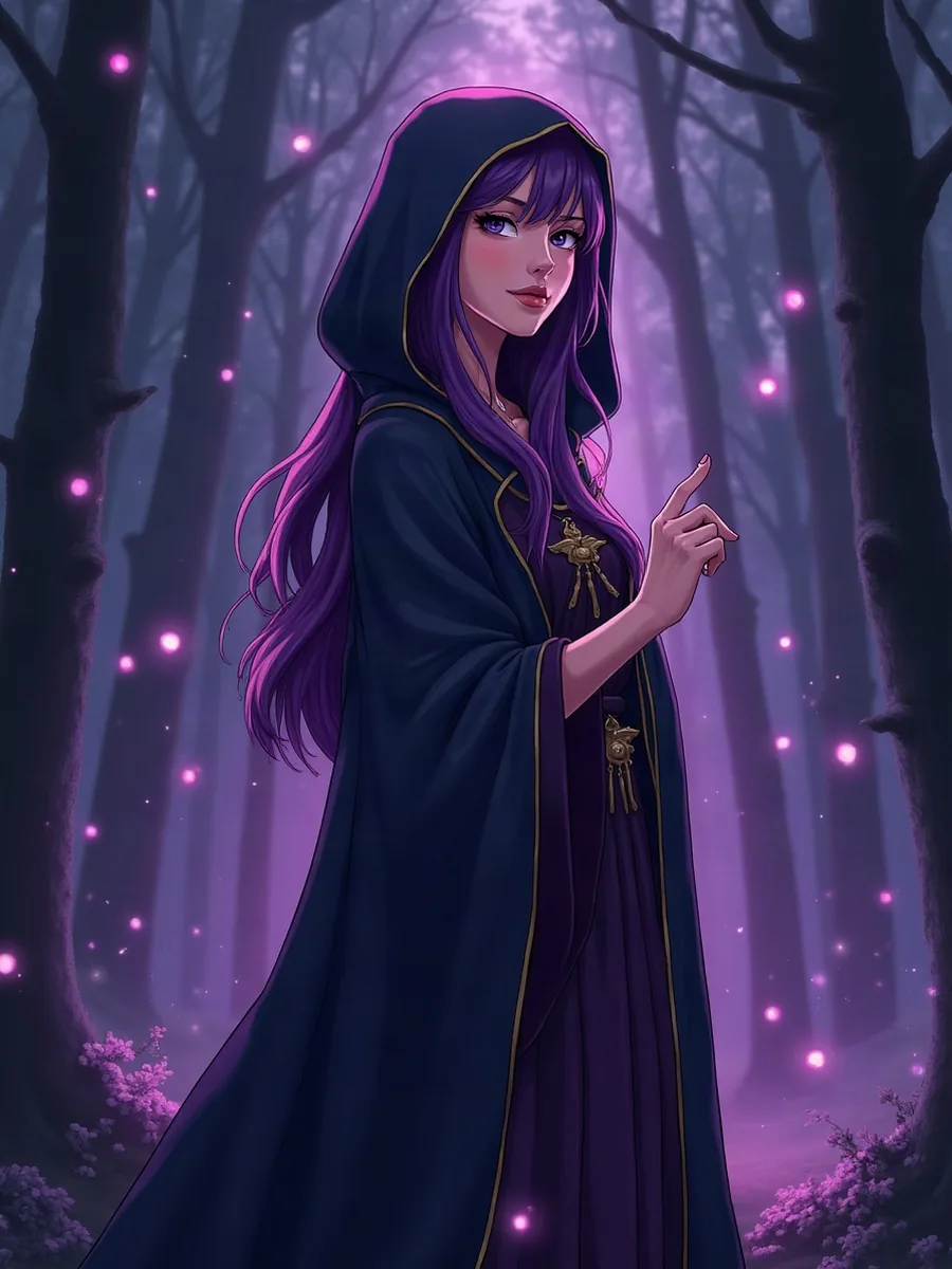 FantasyGF: immagine illustrativa generata con IA, maga in stile anime con lunghi capelli viola e abito scuro con cappuccio, in una foresta con sfere luminose