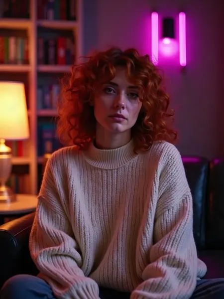 GirlfriendGPT: immagine illustrativa generata con IA, donna dai capelli rossi ricci con un maglione oversize color crema, in una libreria con lampade calde