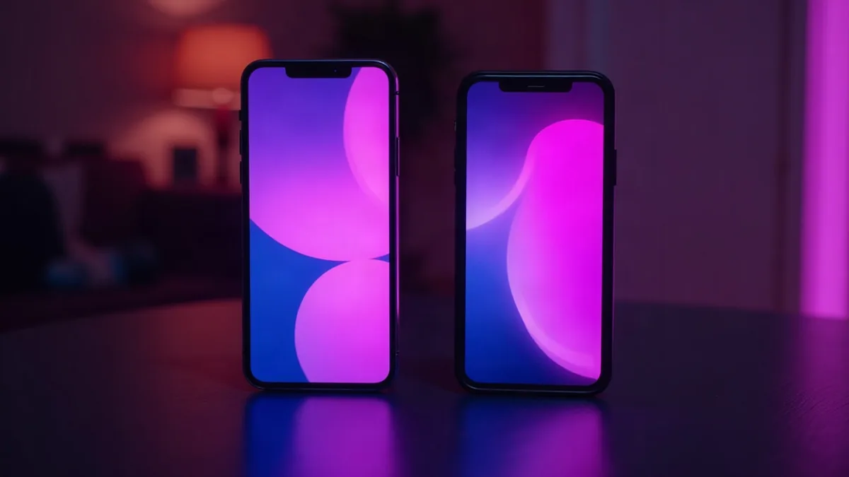 Due smartphone affiancati su un tavolo scuro, schermi viola (illustrazione dell’articolo)