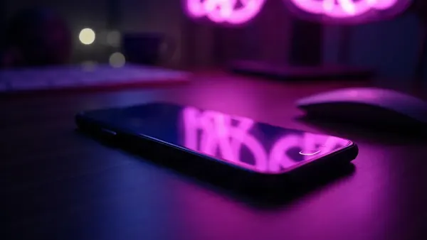 Smartphone appoggiato su una scrivania scura, riflessi viola luminosi sullo schermo (illustrazione dell’articolo)