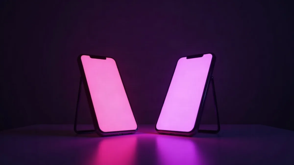 Due smartphone uno di fronte all’altro su un tavolo scuro, uno rosa e l’altro viola (illustrazione dell’articolo)