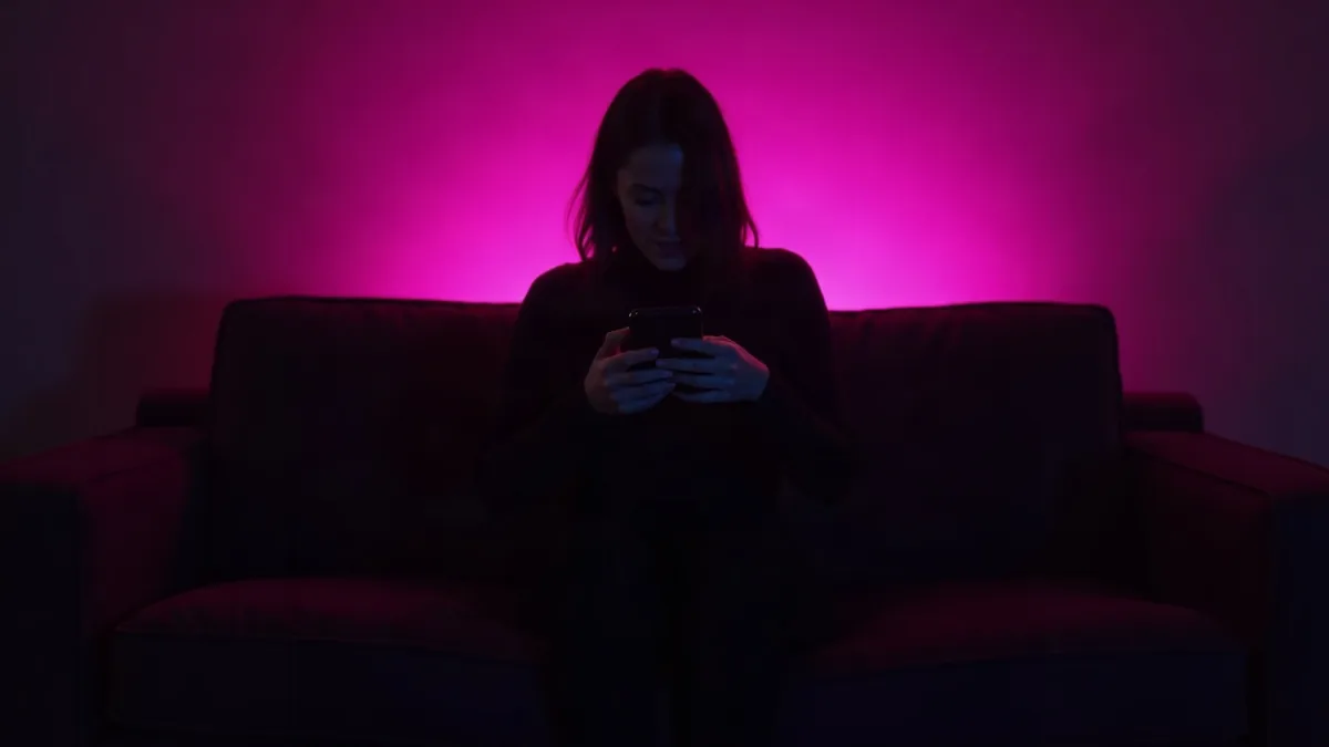 Silhouette di spalle su un divano con un telefono in mano, in una stanza buia dal bagliore magenta (illustrazione dell’articolo)
