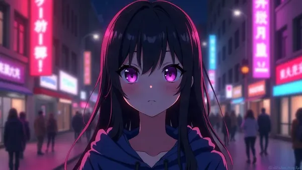 Personaggio femminile anime con capelli neri e felpa con cappuccio, in una strada al neon di notte (illustrazione dell’articolo)