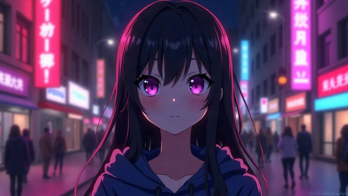 Personaggio femminile anime con capelli neri e felpa con cappuccio, in una strada al neon di notte (illustrazione dell’articolo)