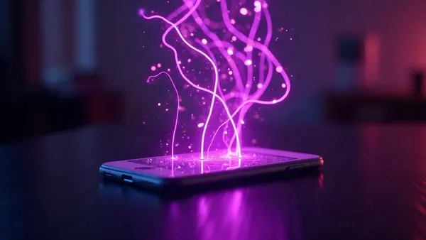 Linee luminose di una rete neurale che fluttuano sopra uno smartphone (illustrazione dell’articolo)