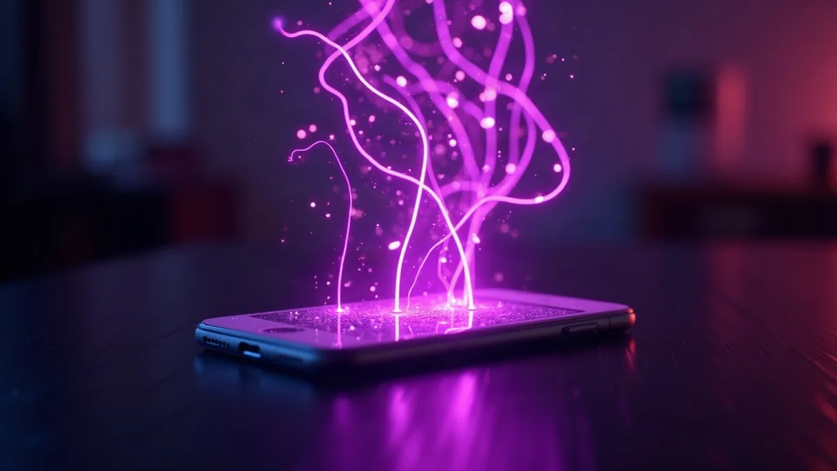 Linee luminose di una rete neurale che fluttuano sopra uno smartphone (illustrazione dell’articolo)