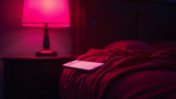 Seta rossa e smartphone luminoso su un comodino, luce magenta (illustrazione dell’articolo)