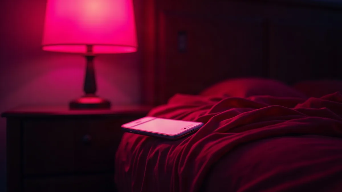 Seta rossa e smartphone luminoso su un comodino, luce magenta (illustrazione dell’articolo)