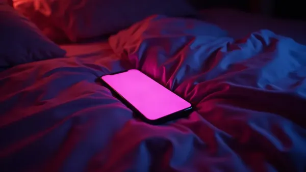 Telefono appoggiato su lenzuola di seta in una camera buia, bagliore magenta (illustrazione dell’articolo)
