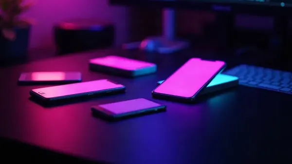 Smartphone luminosi disposti a ventaglio su una scrivania scura, uno messo in evidenza (illustrazione dell’articolo)