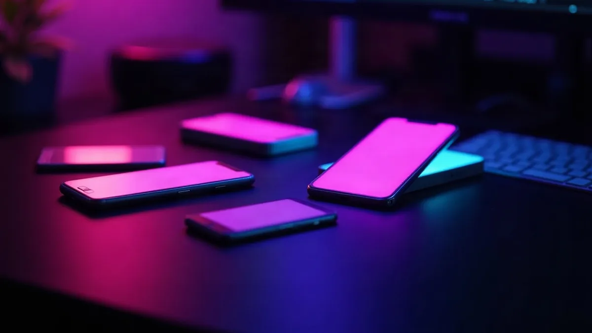 Smartphone luminosi disposti a ventaglio su una scrivania scura, uno messo in evidenza (illustrazione dell’articolo)