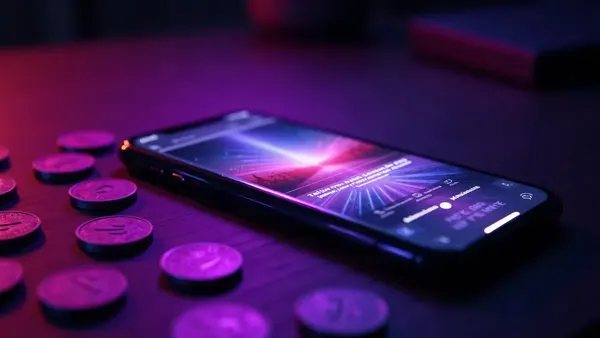 Gettoni viola luminosi sparsi intorno a uno smartphone su una scrivania scura (illustrazione dell’articolo)
