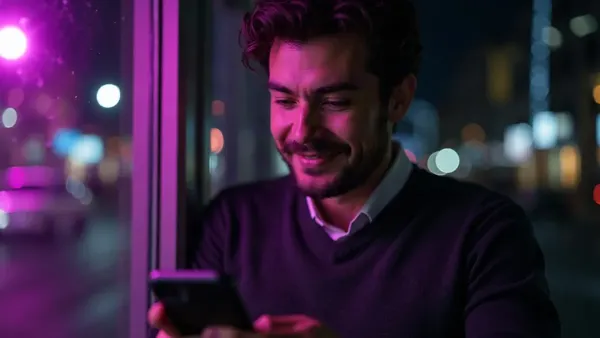 Uomo bruno con maglione antracite che sorride al telefono davanti a una finestra di notte (illustrazione dell’articolo)