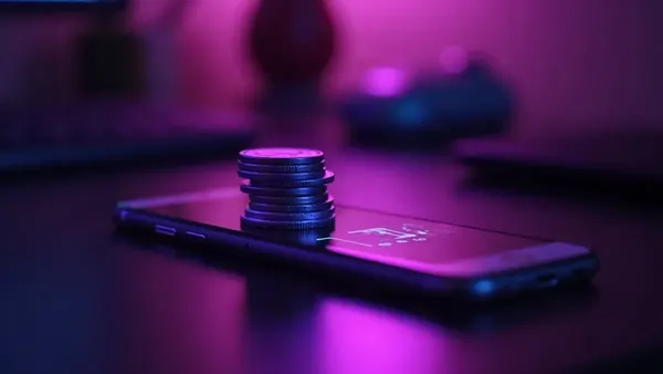 Pila di gettoni viola luminosi accanto a uno smartphone su una scrivania scura (illustrazione dell’articolo)