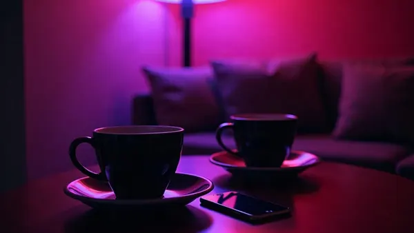 Due tazze di caffè e due telefoni su un tavolo, luce calda e viola (illustrazione dell’articolo)