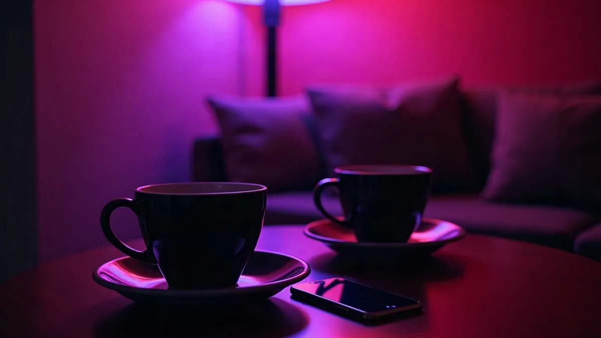 Due tazze di caffè e due telefoni su un tavolo, luce calda e viola (illustrazione dell’articolo)