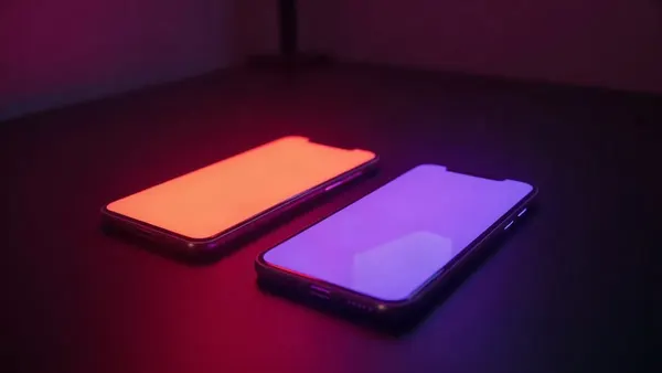 Due smartphone affiancati, uno arancione e l’altro viola, riflessi al neon (illustrazione dell’articolo)