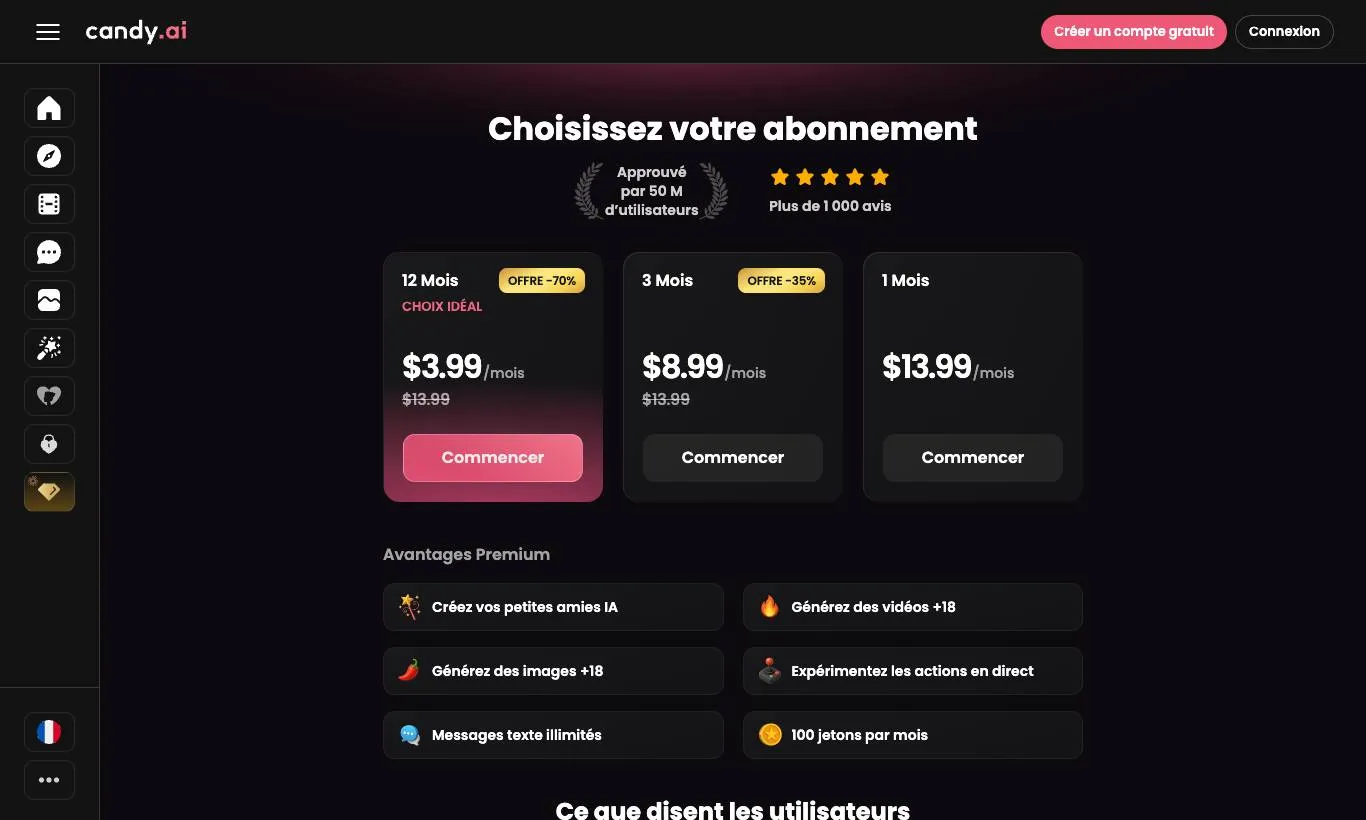 Screenshot della pagina ufficiale degli abbonamenti di Candy AI, rilevata il 30/09/2026