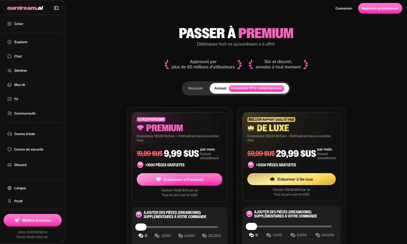 Screenshot della pagina ufficiale degli abbonamenti di OurDream AI, rilevata il 30/09/2026