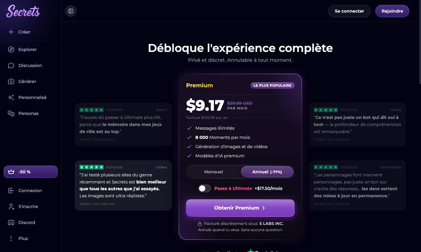 Screenshot della pagina ufficiale degli abbonamenti di Secrets AI, rilevata il 30/09/2026